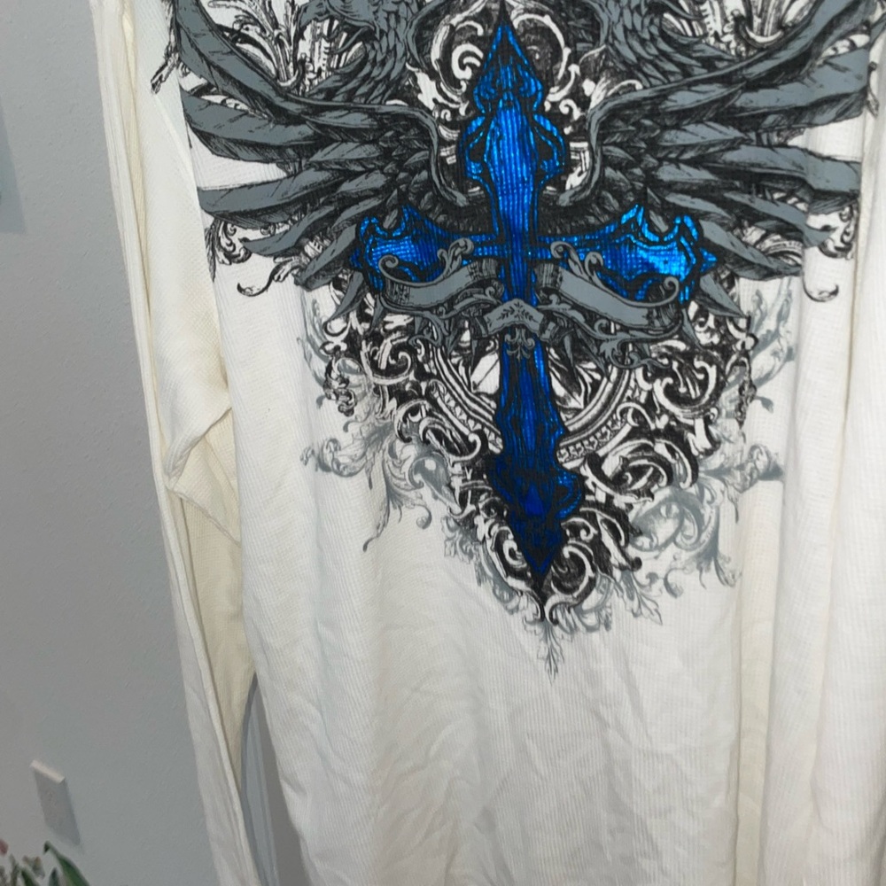 White Long Sleeve with Blue and Black Graphic